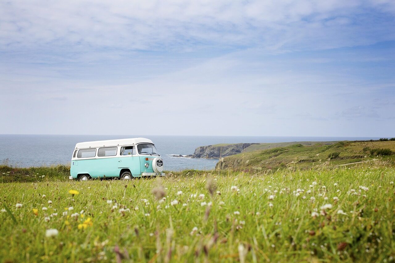 vw bus, nature, vw bully, volkswagen, sea, grasslands, camper, landscape, outdoors, rural, scenery, travel, vehicle